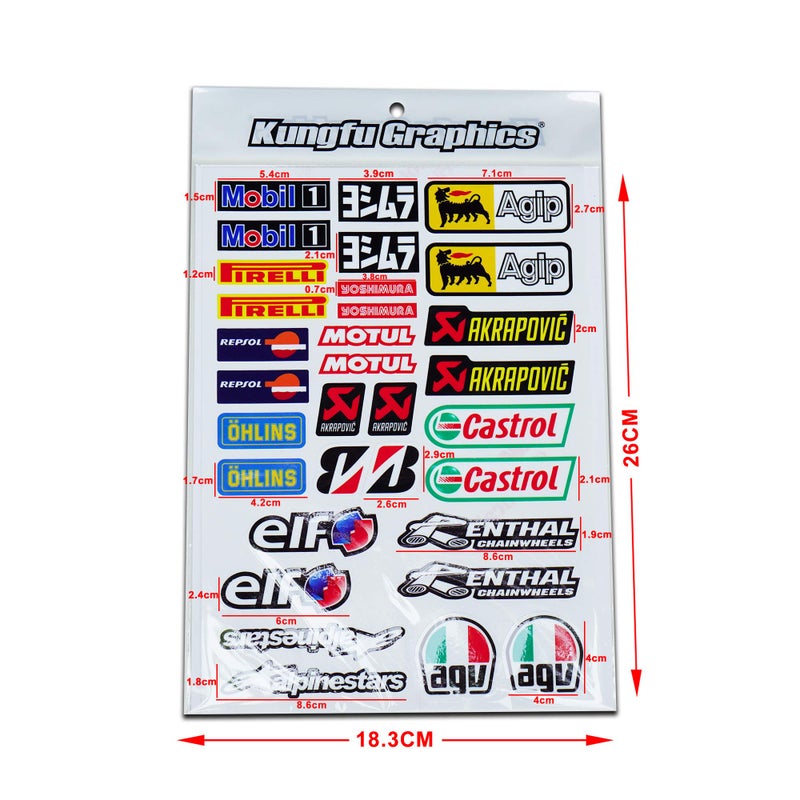 Kungfu Graphics Motocross Sponsor Logos Racing Sticker Sheet Universal (7.2 x 10.2 inch), Black Red Green - Image 1